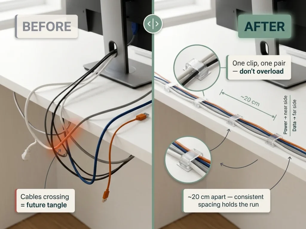 5 Cable Management Solutions Tested at My Desk 7 Before/after infographic showing desk cables loose and tangled vs. neatly routed in a line with evenly spaced adhesive clips labeled