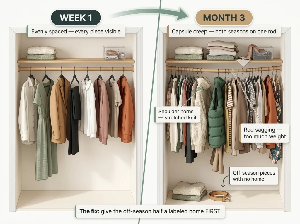 Infographic showing capsule wardrobe rod before and after with evenly spaced hangers vs crammed overflowing closet at month three