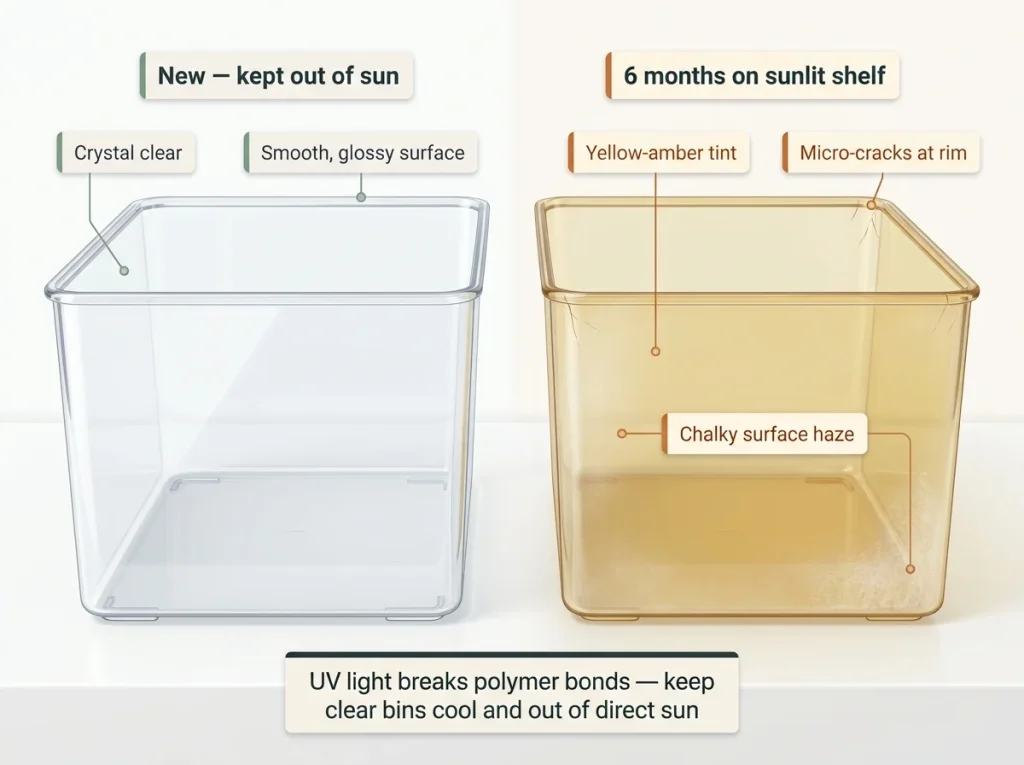 Side-by-side close-up infographic comparing a crisp clear storage bin and a yellowed UV-degraded bin with labeled degradation callouts.