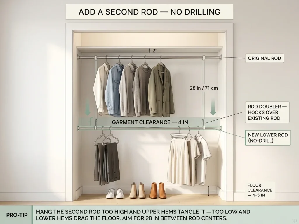 Infographic showing a reach-in closet cross-section with a no-drill second rod added below, with labeled vertical spacing dimensions