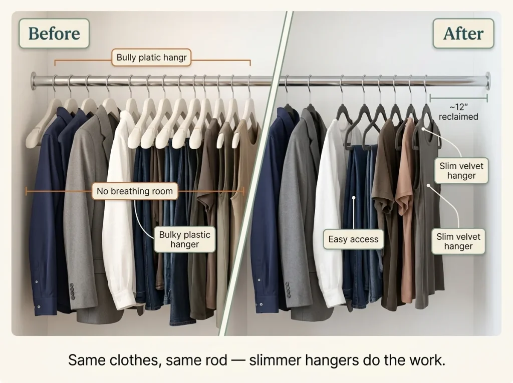 Before-and-after infographic showing bulky plastic hangers vs. slim velvet hangers on a closet rod with reclaimed space labeled