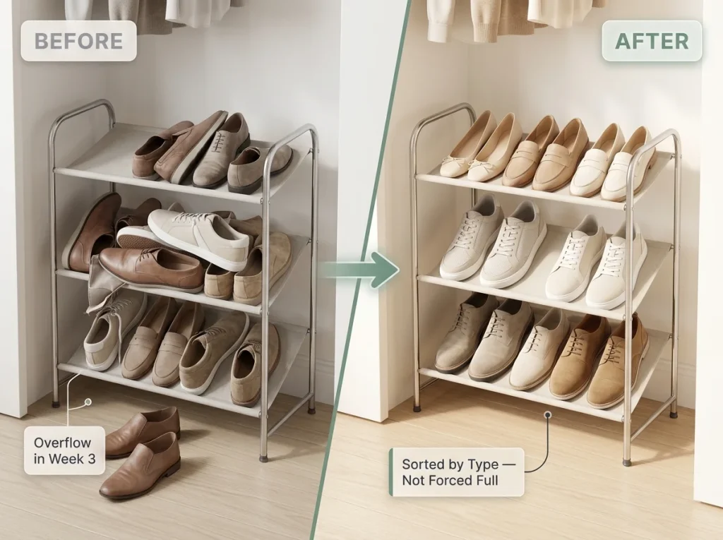 Shoe Organization That Actually Lasts 5 Before and after editorial split showing an overflowing tiered shoe rack versus the same rack loaded correctly by type