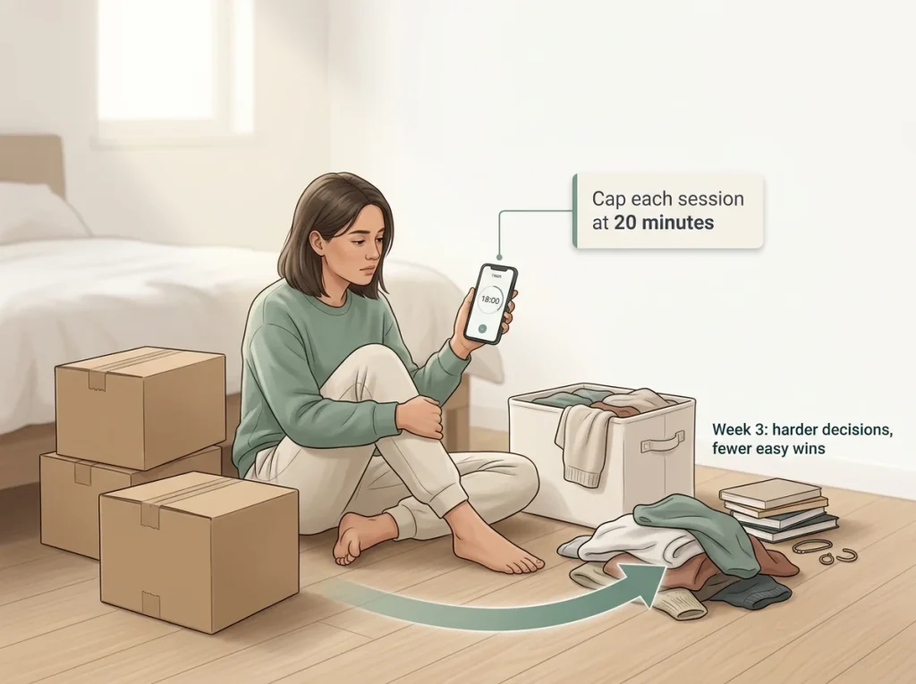 Why Your 30-Day Decluttering Challenge Fails by Day 15 6 Editorial scene showing a person mid-declutter on a bedroom floor surrounded by partially sorted items, holding a timer phone