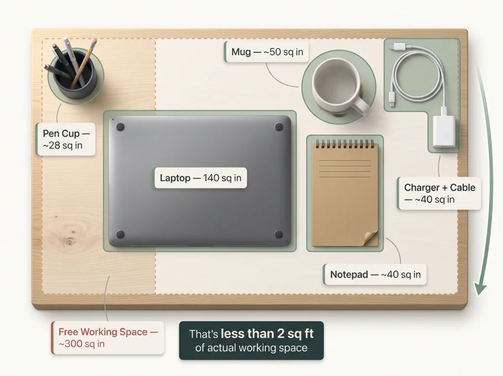 Why Your Small Apartment Desk Gets Messy Again 2 Overhead infographic of a 32-inch desk showing labeled footprints of laptop, mug, charger, notepad, and pen cup with remaining free space highlighted