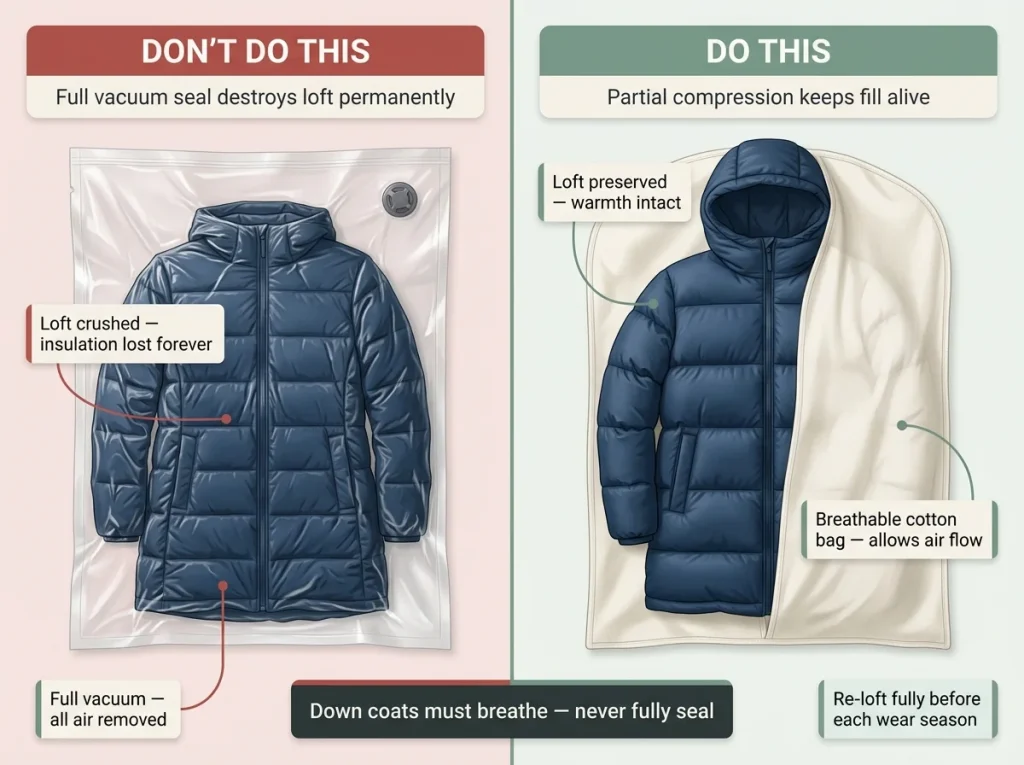 Before-and-after infographic showing a down puffer coat fully flattened by vacuum vs. partially compressed, with "Don't Do This / Do This" labels and loft-loss warning.
