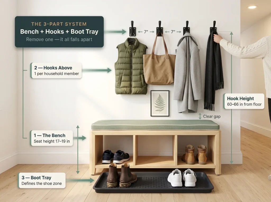 Editorial infographic showing a complete entryway system — bench, wall hooks at correct height, and boot tray — with a person actively using all three zones.