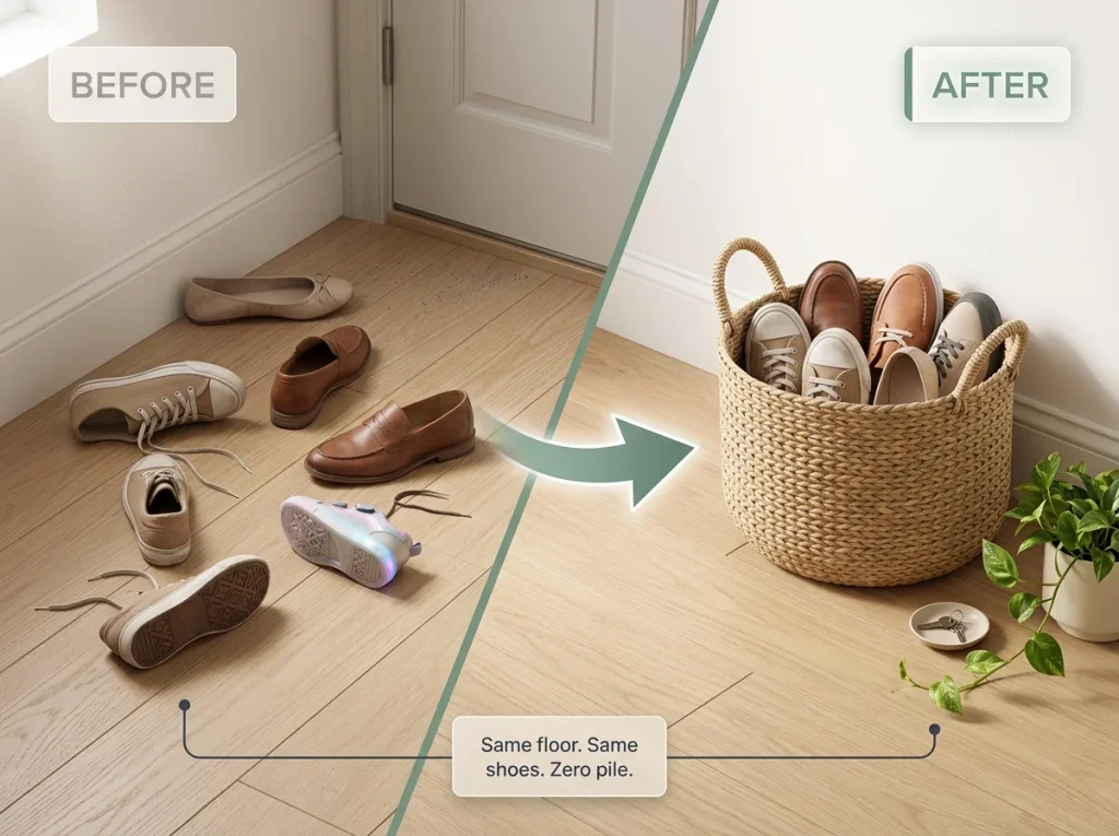 9 Entryway Shoe Storage Ideas That Stop the Pile 2 Before and after of entryway shoe pile showing the same floor strip cluttered then corralled into one woven basket