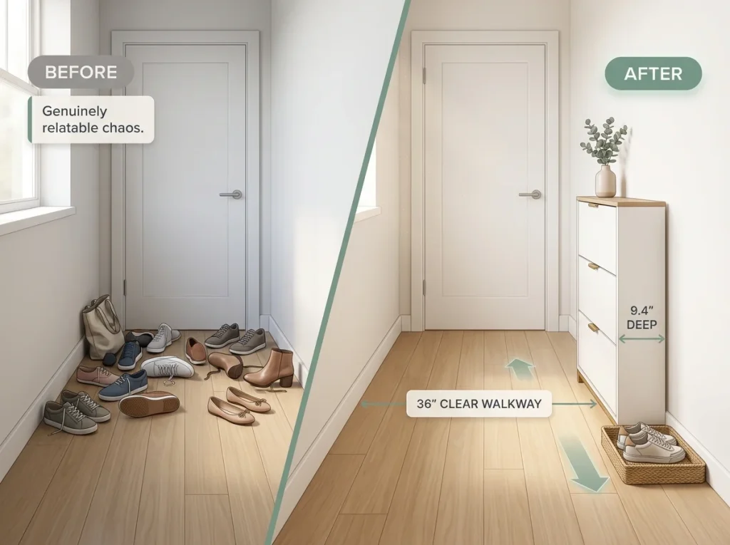 Shoe Storage Ideas for Small Spaces, Room by Room 4 Before and after of a narrow apartment entryway showing shoe pile cleared by a slim flip-drawer cabinet with 36-inch walkway