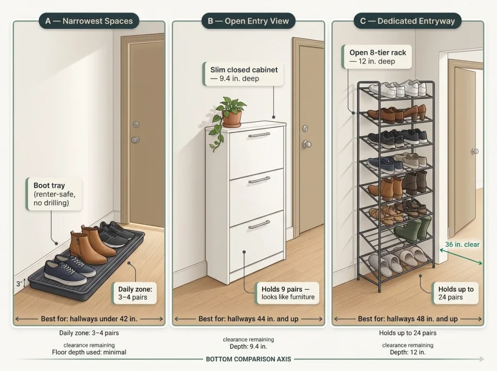 Three-panel editorial comparison showing boot tray in 42-inch hall, slim cabinet in 44-inch hall, and open rack in 48-inch entryway with labeled clearance measurements
