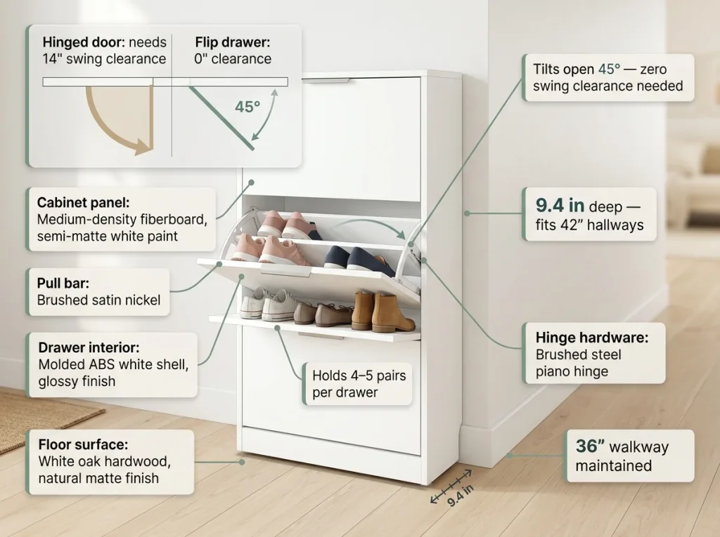 Close-up infographic showing flip drawer shoe cabinet flush against hallway wall with labeled mechanism angles and space-saving comparison vs hinged door