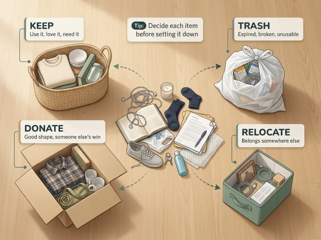 Infographic showing a four-box declutter in progress overhead view with labeled Keep, Donate, Trash, and Relocate containers and a mixed pile of belongings