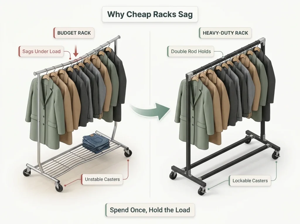 Comparison infographic showing a sagging thin-tube budget garment rack beside a sturdy double-rod steel rack under equal load