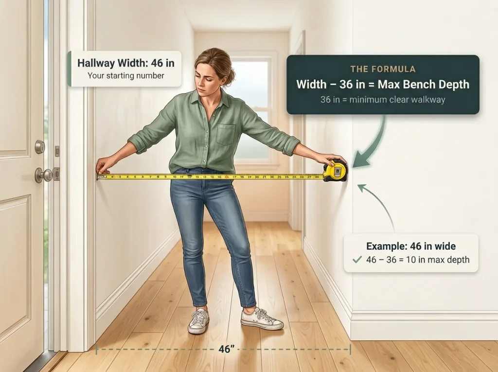 Editorial infographic showing a woman measuring hallway width with a tape measure and the bench depth formula overlaid with labeled callouts