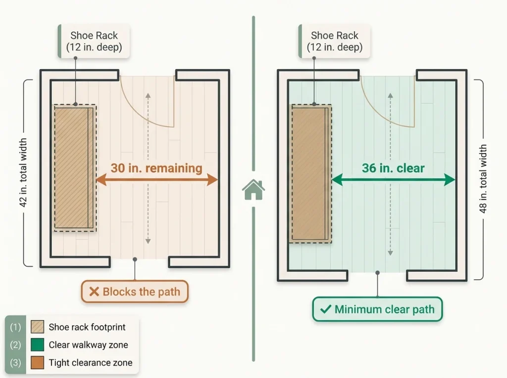 Overhead floor plan comparing a 42-inch hallway with blocked clearance vs 48-inch hallway with 36-inch clear path for shoe rack placement