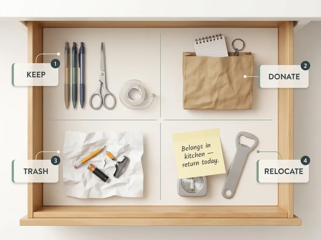 Four-Box Decluttering Method (Why It Fails and the Fix) 8 Overhead view of a junk drawer sorted into four labeled zones showing keep, donate, trash, and relocate items