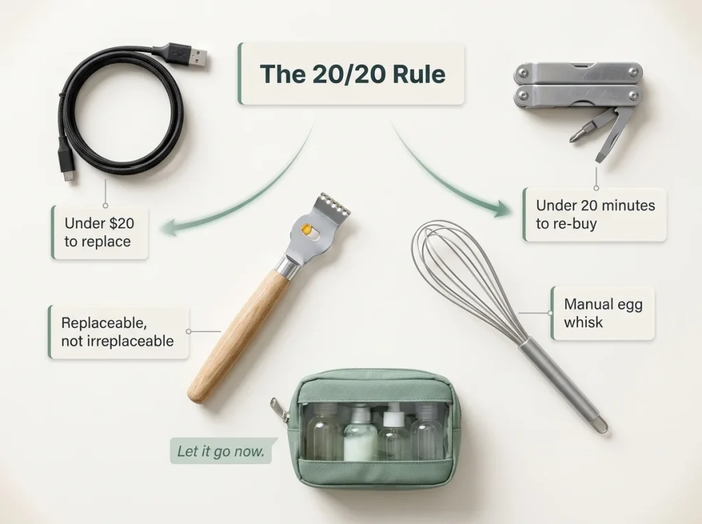 8 Minimalist Decluttering Tips That Actually Stick 4 Editorial flat-lay showing common just-in-case items with labeled replacement cost and time tags illustrating the 20/20 rule