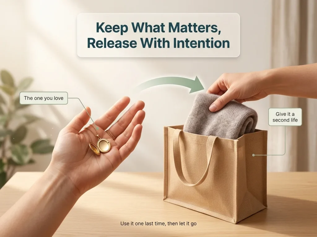 How to Declutter Sentimental Items Without the Guilt 8 Close-up of hands holding a meaningful keepsake while placing a folded item into a donation bag in warm window light
