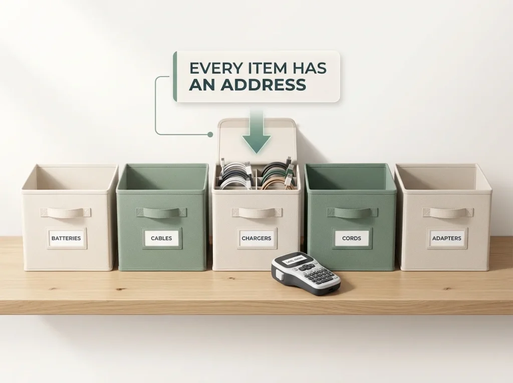 Editorial straight-on shelf showing labeled fabric bins for batteries, cables, chargers with one open bin and a label maker
