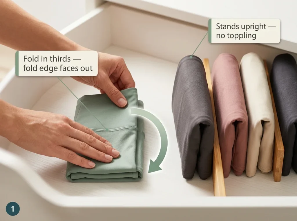Close-up showing legging file-fold technique with finished standing package next to upright folded row in organized drawer