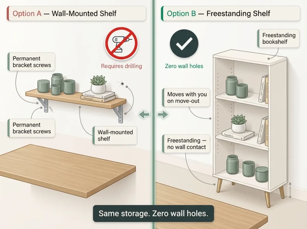 Why Your Small Apartment Desk Gets Messy Again 5 Side-by-side infographic comparing wall-mounted shelf with no-drill symbol versus freestanding bookshelf behind desk showing same storage, zero wall holes
