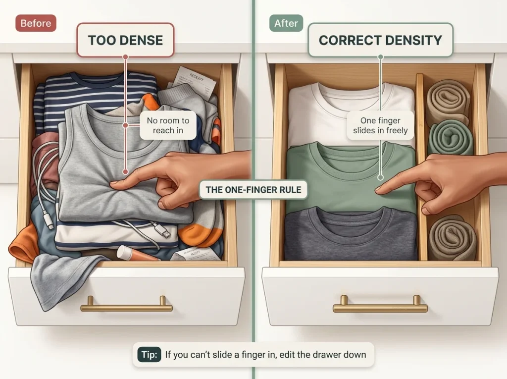 Infographic comparing two drawers side by side showing overcrowded density vs correct minimalist density with a finger sliding in with room to spare