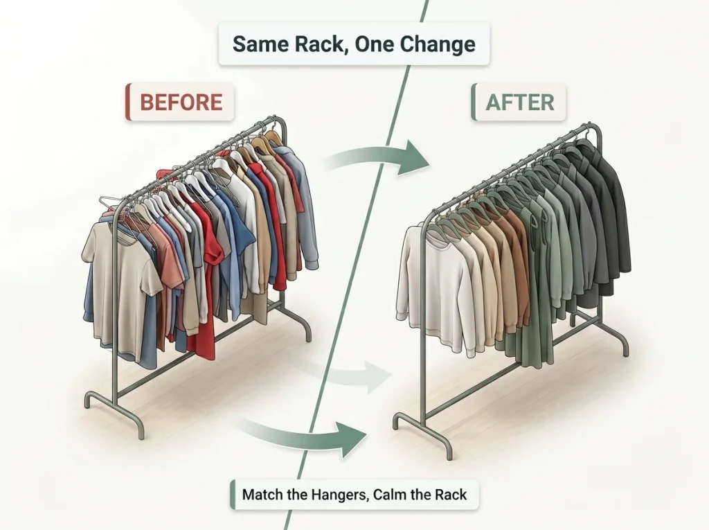 Before and after infographic of the same open clothing rack, overstuffed with mismatched hangers versus capped on uniform velvet hangers