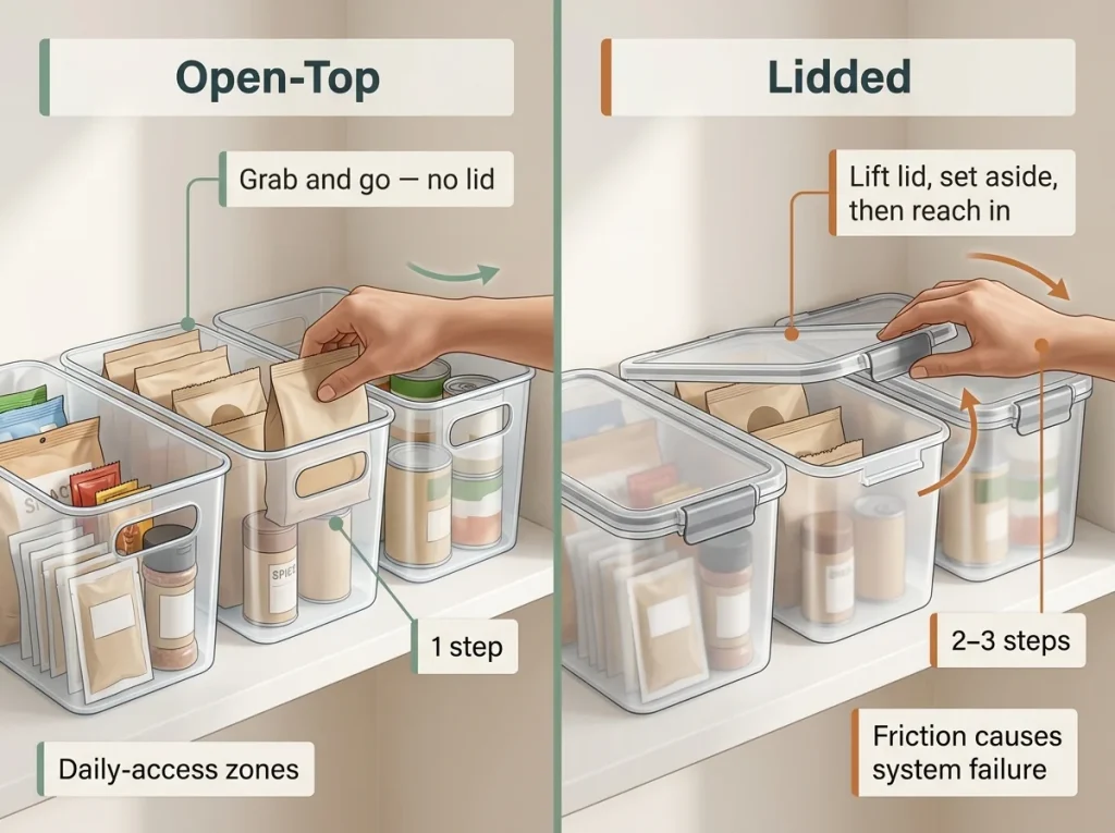Side-by-side infographic comparing open-top and lidded pantry bins showing one-step vs. two-step access friction with annotated labels.