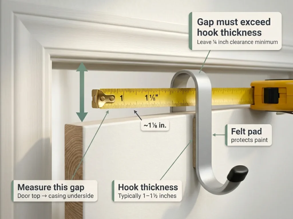Close-up infographic showing over-door hook clearance gap with tape measure, hook height label, and door casing annotations