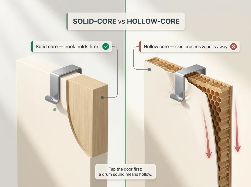Best Shoe Organizers for Every Space and Budget 3 Comparison showing over-door hook on solid-core door holding firm versus hollow-core door crushing and pulling away