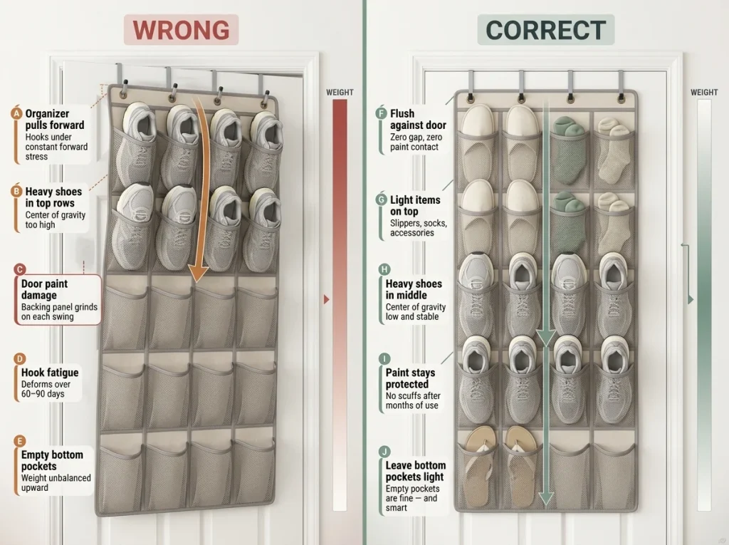 Before/after infographic comparing top-heavy vs. center-loaded over-door shoe organizers with weight distribution labels and hook stress callouts
