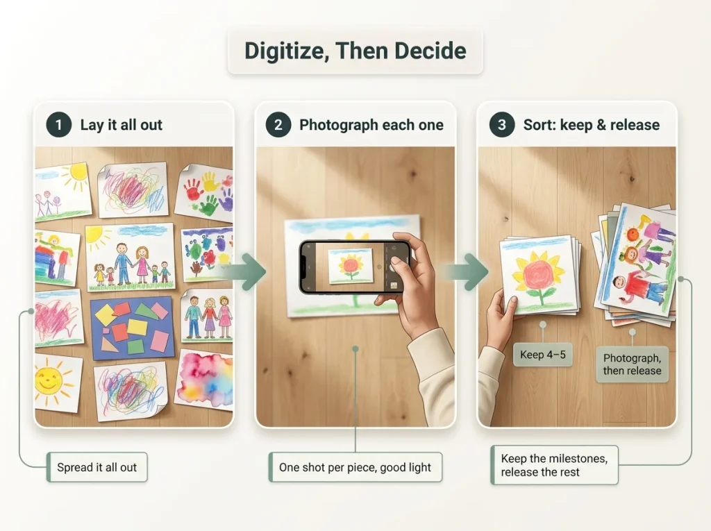 How to Declutter Sentimental Items Without the Guilt 5 Three-step process showing how to photograph children's artwork on the floor, then sort into keep and release piles