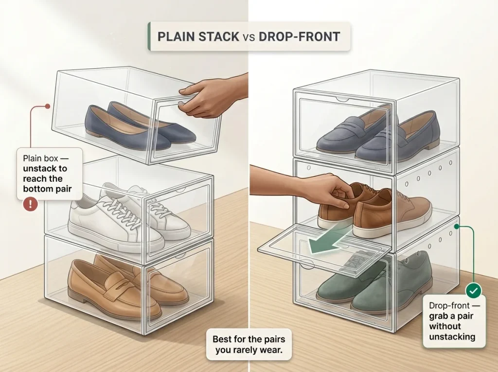 Best Shoe Organizers for Every Space and Budget 7 Side-by-side showing plain stacked clear box requiring unstacking versus drop-front box opening from the front to grab a pair