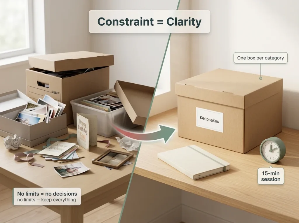 How to Declutter Sentimental Items Without the Guilt 3 Before and after comparison showing overflowing sentimental boxes versus one labeled banker's box with notebook and timer