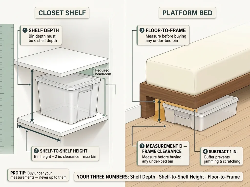 Infographic showing shelf depth, shelf-to-shelf clearance, and floor-to-frame measurements with minus-buffer annotations for storage bin sizing