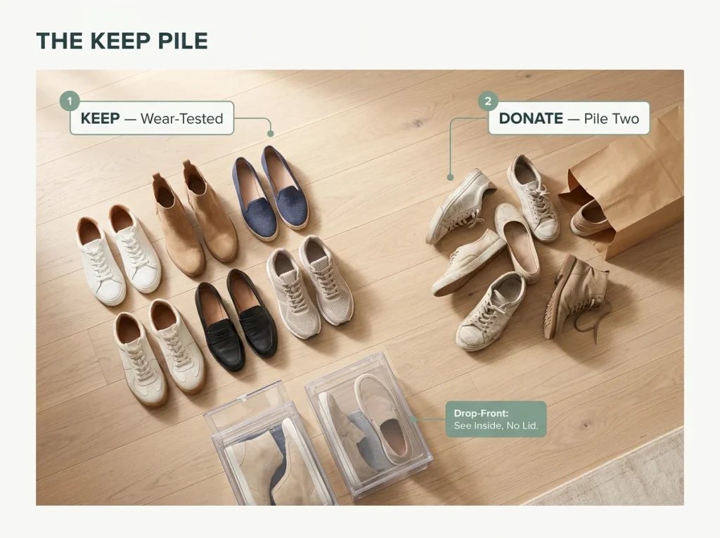 Shoe Organization That Actually Lasts 2 Editorial flat-lay showing the two-pile shoe declutter method with labeled keep pile, donate pile, and drop-front boxes