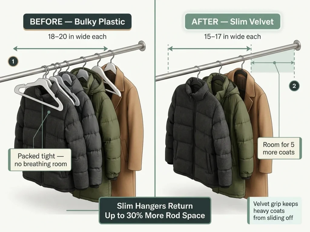 Infographic comparing slim velvet vs bulky plastic hangers on one rod, showing reclaimed inches and 30% more rod space with labels.