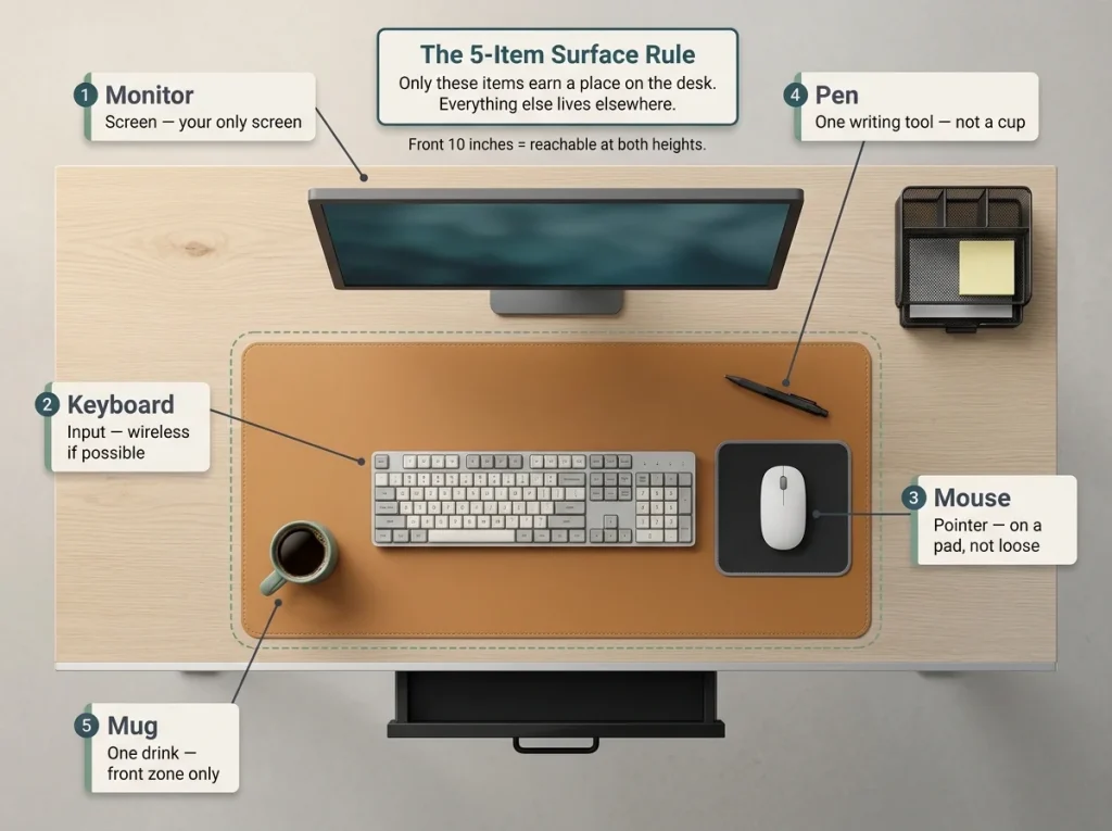 9 Standing Desk Organization Ideas That Actually Work 9 Infographic showing overhead flat-lay of organized standing desk reset with five surface items labeled and cables hidden
