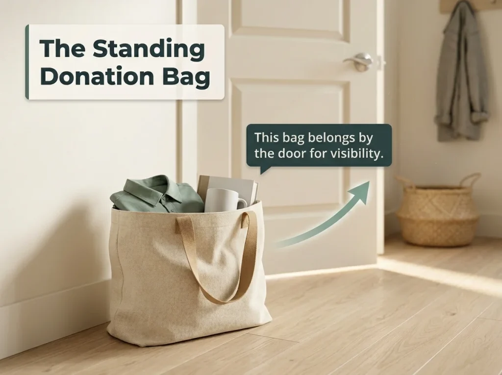 Editorial home photo showing an open donation bag placed by a front door with labels explaining why visible placement keeps clutter moving out