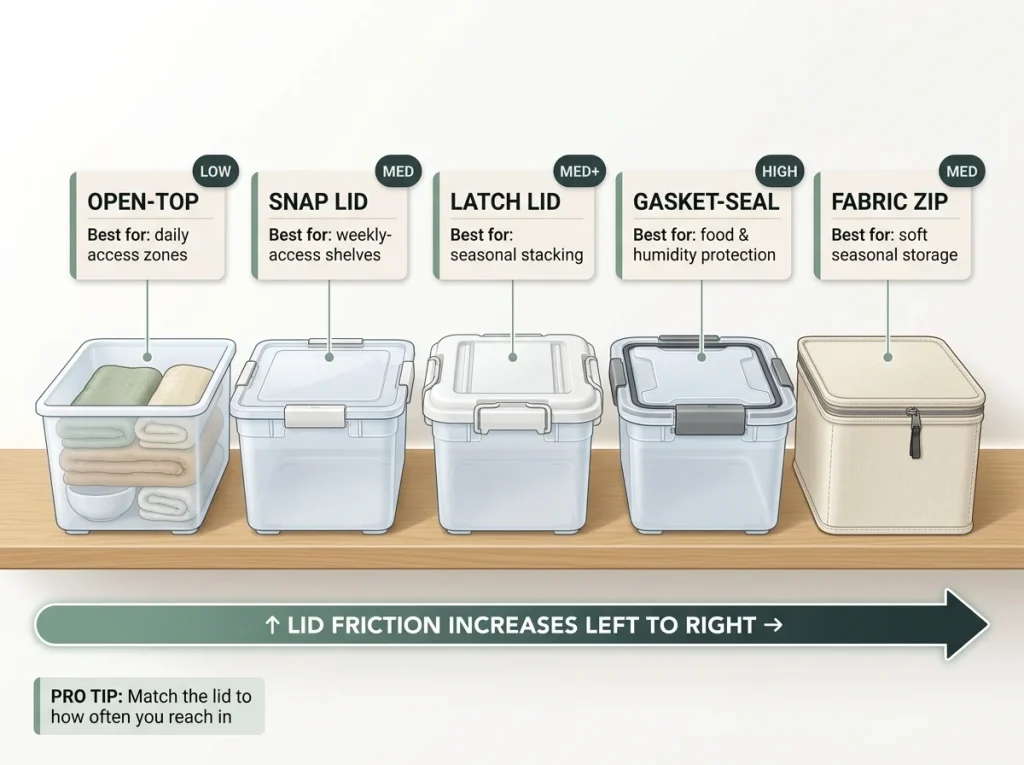 Infographic showing five storage bin lid types side by side with labeled mechanical details, friction ratings, and best-use zones