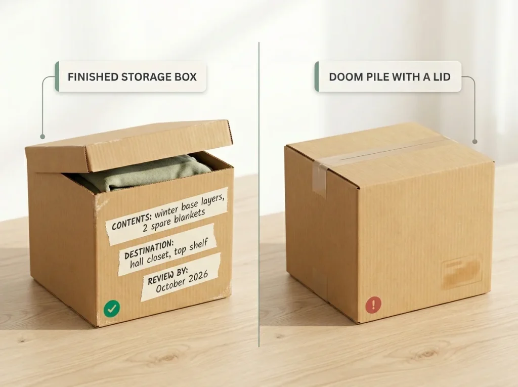 Side-by-side comparison showing a properly labeled storage box with contents, destination, and review date versus an unlabeled box