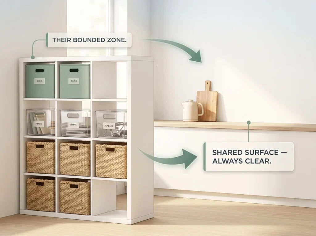 Editorial illustration showing a studio apartment cube shelf as one partner's bounded zone beside a clear shared kitchen counter