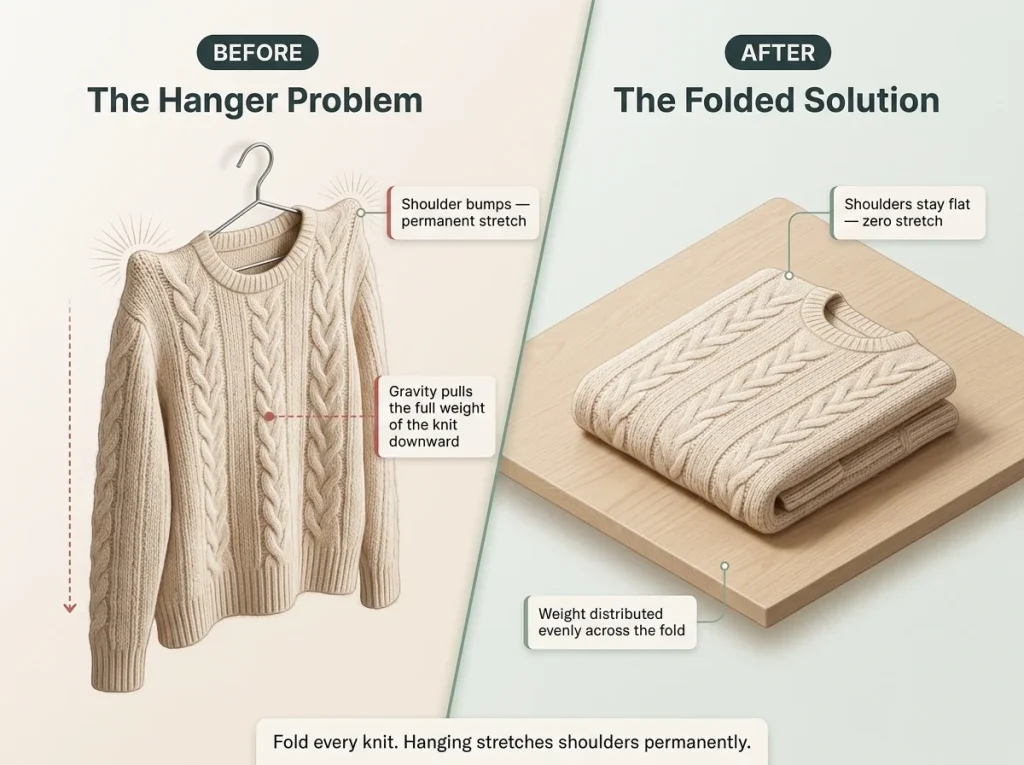 Side-by-side infographic showing wool sweater shoulder damage from hanging vs flat-folded sweater, with labeled callouts explaining fiber stretch.