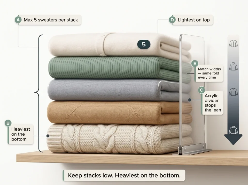 Annotated infographic of folded sweater shelf stack showing five-sweater height limit, heaviest on bottom rule, and acrylic divider placement with labeled callouts.