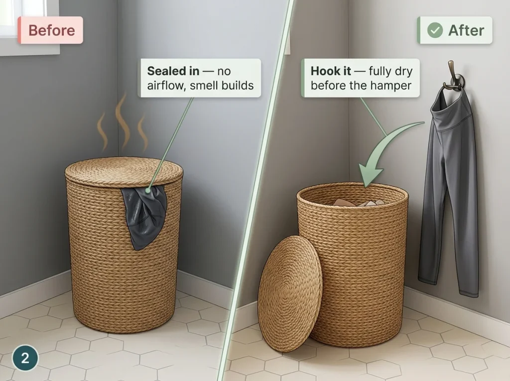 Before/after showing damp legging balled in closed hamper vs air-drying on wall hook beside hamper — odor prevention habit