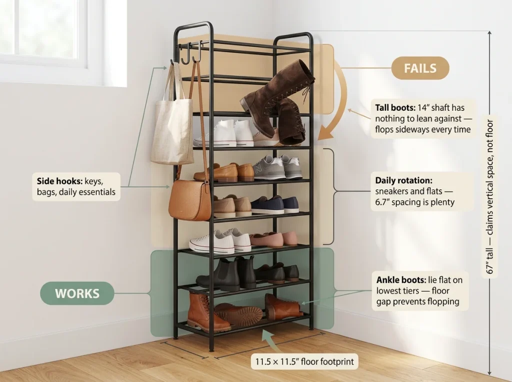 Annotated infographic of tall narrow shoe rack showing boot placement that works vs fails with labeled tier zones and clearance callouts