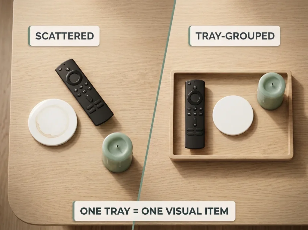 Editorial split-image showing tray grouping technique: three items in a tray vs. same items scattered loose on a coffee table surface
