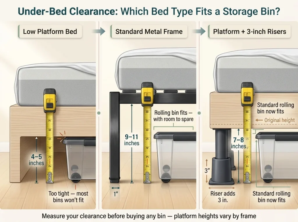INFOGRAPHIC under bed clearance platform vs frame riser - ClutterlessNest