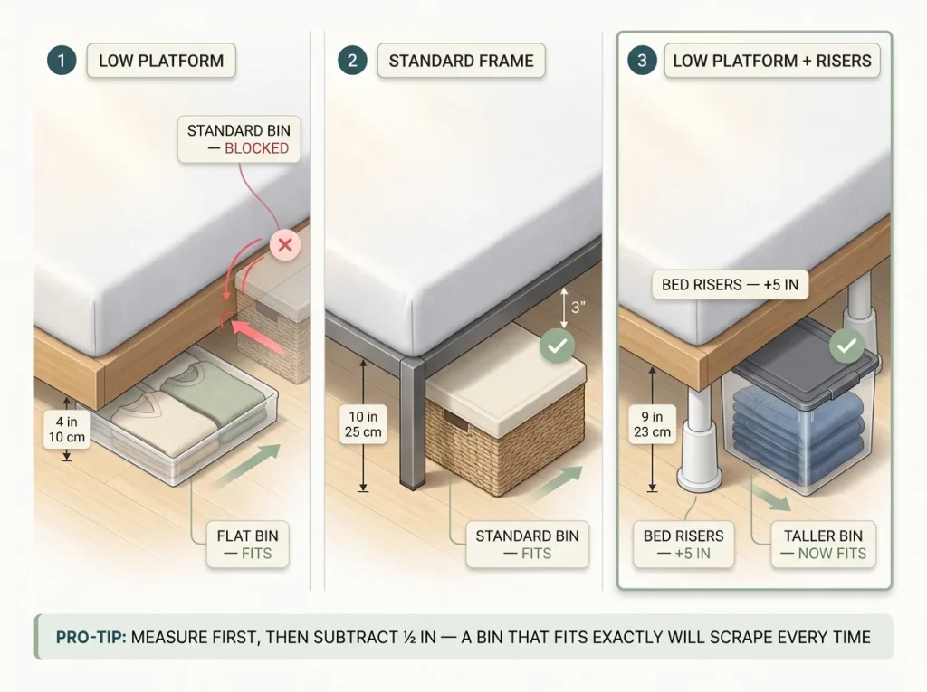 Infographic comparing three under-bed clearance heights with labeled bins showing which fits each gap and which is blocked