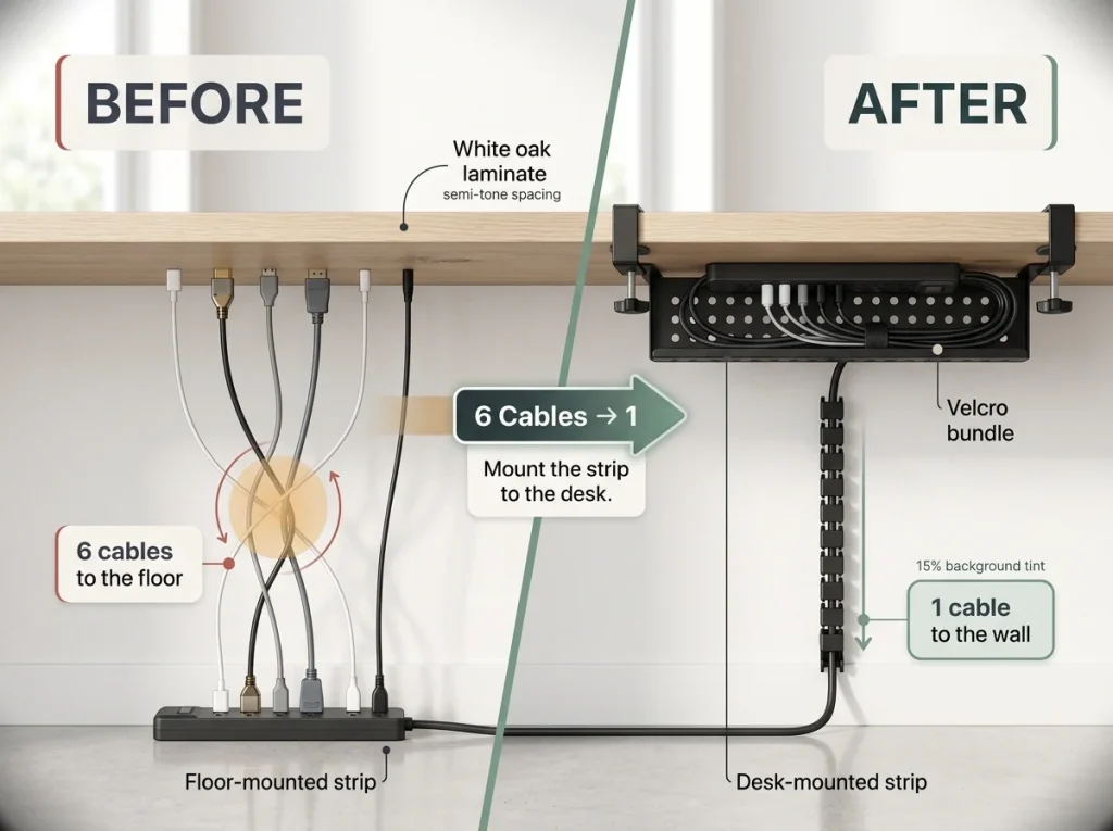 9 Standing Desk Organization Ideas That Actually Work 3 Infographic showing before/after under-desk cable setup with six floor cables vs. one wall cable after mounting power strip