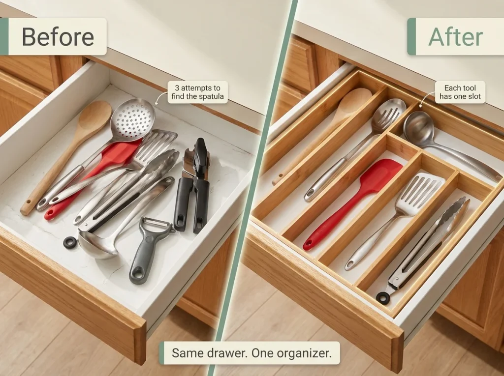 Before/after split image of utensil drawer showing tangled pile versus bamboo organizer with each tool in its own slot